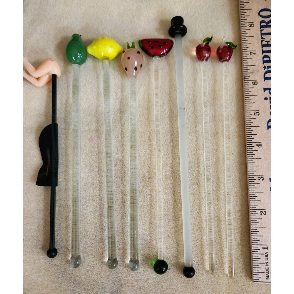 Eight Vintage Glass & Plastic Stirrers Swizzles Barware